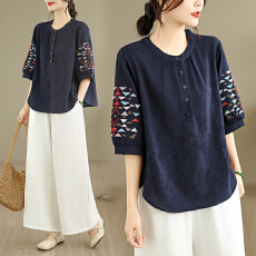 批发夏季新款<b class='q'>中年</b>妈妈大码休闲绣花薄款七分袖衬衫女白色阔腿裤两件套