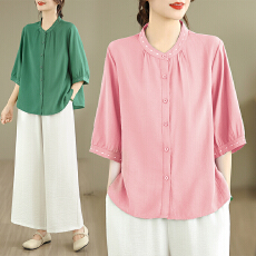 批发妈妈夏装<b class='q'>时尚</b>套装新款中年圆领天丝短袖小衫白色阔腿裤两件套女