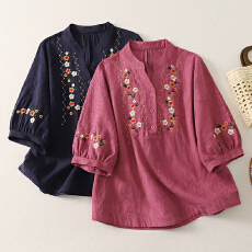 批发喜卉妈妈夏装时尚国风<b class='q'>纯棉</b>绣花T恤小衫洋气中老年女装短袖薄上衣