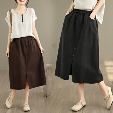批发日系文艺亚麻<b class='q'>半身裙</b>女夏季设计感拼接开叉A字裙棉麻松紧腰中<b class='q'>长裙</b>