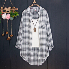 批发跨境速卖通雪纺防晒衬衫薄外套中<b class='q'>长款</b>宽松遮屁股上衣长袖格子衬衣