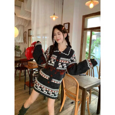 批发美式复古小狗费尔岛花纹毛衣外套女秋冬季慵懒风高腰半身裙两件套