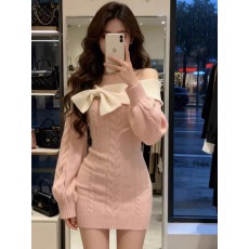 批发纯欲甜辣圣诞<b class='q'>连衣裙</b>一字肩显瘦收腰毛衣设计感蝴蝶结针织包臀裙女