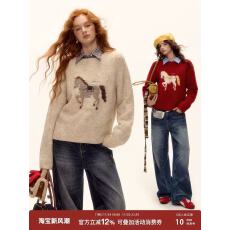 批发幸运小马羊毛混纺童趣小马提花刺绣圆领软糯针织毛衣