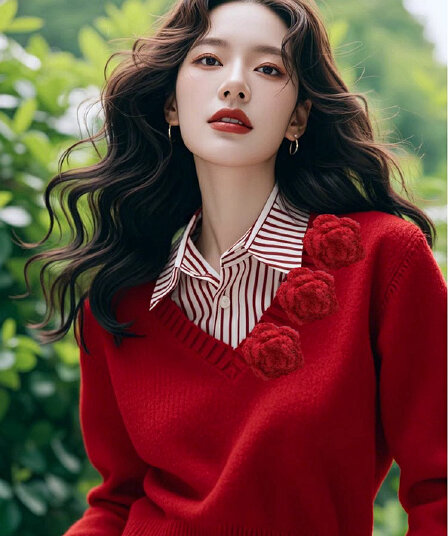 2026 이른 봄 대 깊은 v 빨간색 장미 3 차원 꽃 맨위 작은 샤넬 스타일 니트 스웨터 루즈핏 느긋한 바람 스웨터