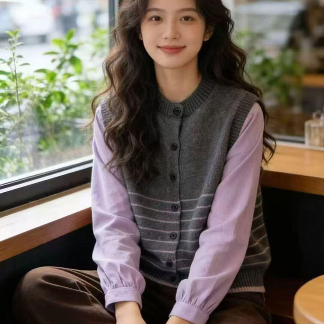 페이크 레이어드 고급 센스 스트라이프 스웨터 여자 봄 가을 2026 새로운 다용도 루즈핏 패치워크 니트 스웨터 맨위 재킷