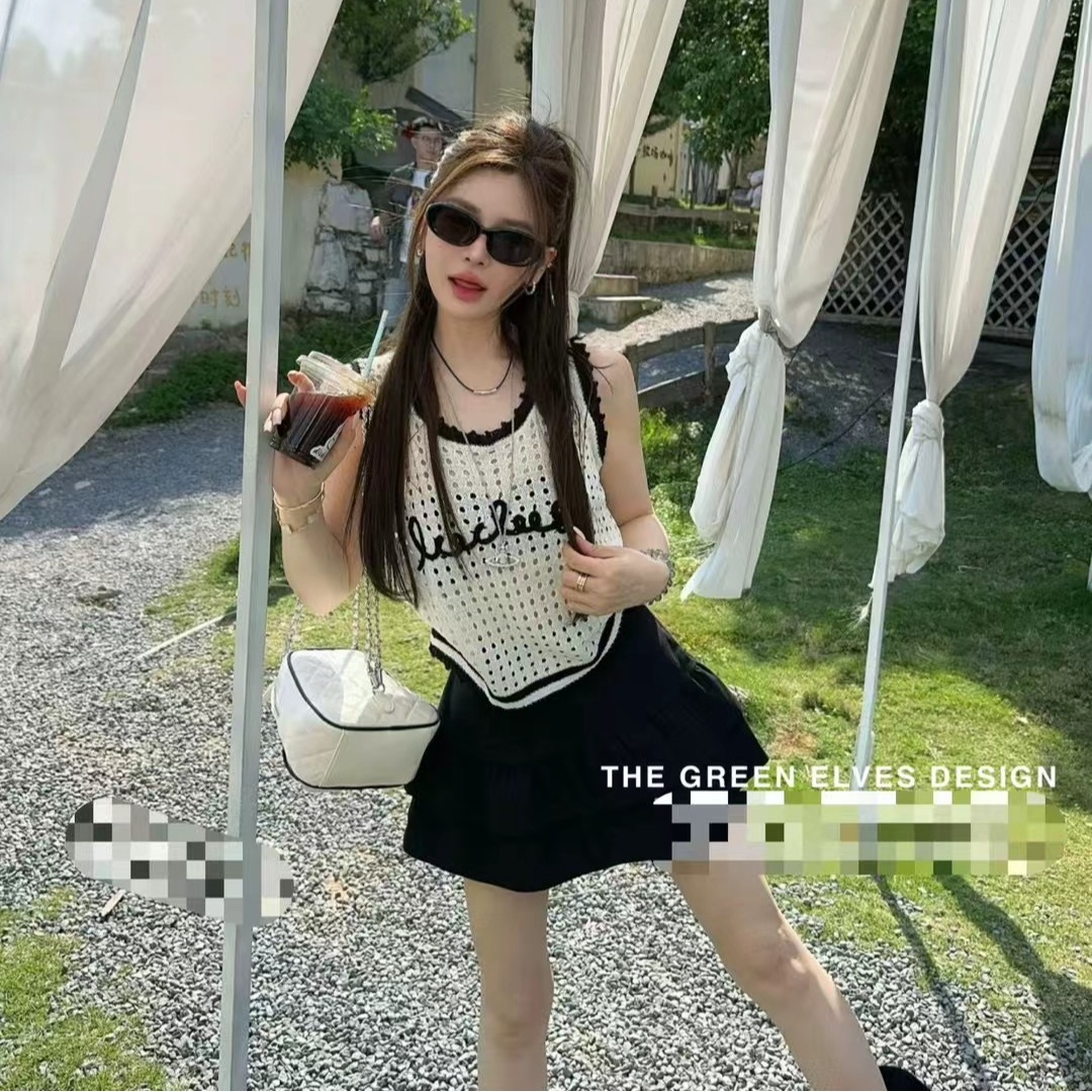 한 부서 소녀 센스 배색 측면 니트 캐미솔 쇼트 스타일 홀로우 아웃 민소매 맨위 스택 착용 인사이드 가져 가라.