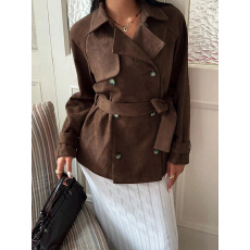 批发复古咖色麂皮绒短款风衣<b class='q'>女</b>春季收腰系带双排扣翻领小个子气质外套