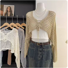 批发镂空系带短款显瘦套头<b class='q'>针织衫</b>女2026夏季新款<b class='q'>韩版</b>百搭修身心机上衣
