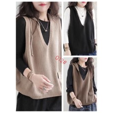 批发<b class='q'>韩版</b>复古连帽针织马甲女 2026春季宽松休闲 V 领背心棉线外套