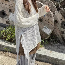 批发26春夏 韩国 侧开叉流苏宽松长袖<b class='q'>针织</b>衫薄款空调防晒罩衫