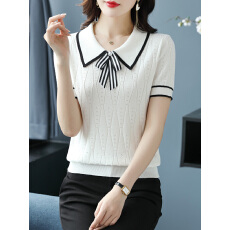 批发半身裙上衣的搭配冰丝针织短袖t恤娃娃领上衣夏季妈妈短款针织衫