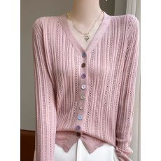 批发V领镂空长袖毛衫针织衫小众洋气薄款短款V领开衫外套上衣防晒外搭