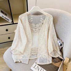 批发韩系温柔风重工刺绣开衫 + <b class='q'>蕾丝</b>吊带 夏季防晒罩衫两件套