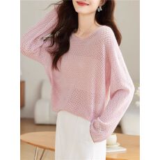 韩版甜美小清新粉色镂空防晒罩衫女夏季款圆领宽松慵懒风针织上衣