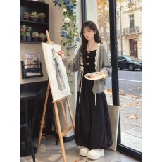 批发入春穿搭一整套ootd韩系针织开衫波点背心阔腿裤气质巨好看套装女