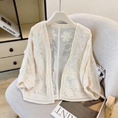 批发韩系宽松刺绣蕾丝开衫女 <b class='q'>夏季</b>薄款七分袖 百搭叠穿防晒外搭