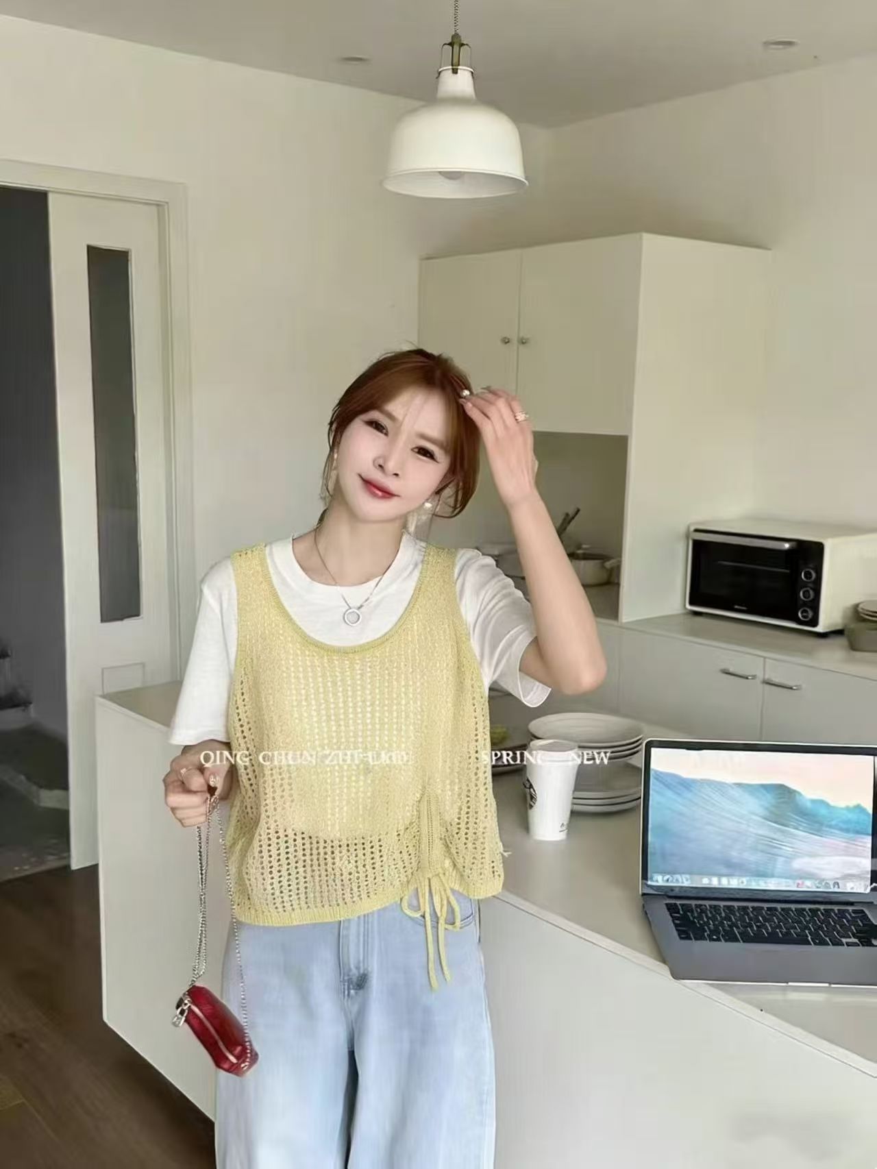 여름 휴가 바람 얼음 차가운 한 부서 사탕 색상 라운드 넥 펌프 로프 슬리브 머리 셔츠