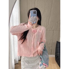 批发粉色蝴蝶结<b class='q'>针织</b>开衫女2026春秋新款甜美减龄毛衣<b class='q'>外套</b>镂空短款上衣