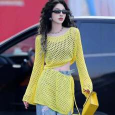 批发2026春<b class='q'>夏</b>长袖罩衫网格圆领搭配系带屁帘设计休闲时尚长袖显瘦上衣