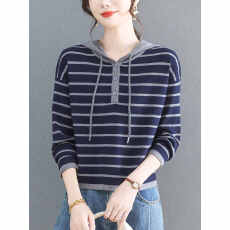 批发韩系连帽条纹针织<b class='q'>卫衣</b><b class='q'>女</b>春秋季新款慵懒风显瘦百搭长袖短款打底衫