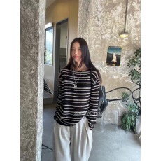 批发more than套头圆领亚麻莱赛尔长袖条纹针织衫女上衣宽松<b class='q'>春</b>季新款