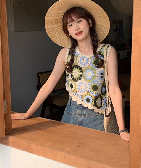 레트로 홀로우 아웃 조끼 여성 경 사진 밑단 디자인 센스 작은 대중 하지마. 자수 민소매 베스트