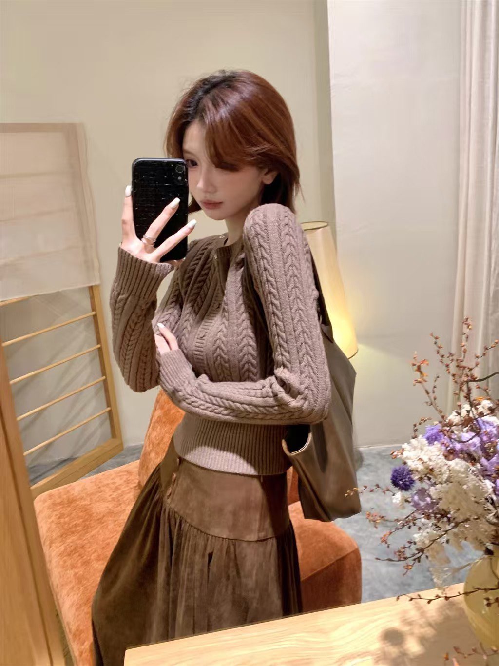 바질 저녁 가을 겨울 루즈핏 패치워크 탈착식 모피 칼라 니트 오픈 가디건 스웨터 여성 코트