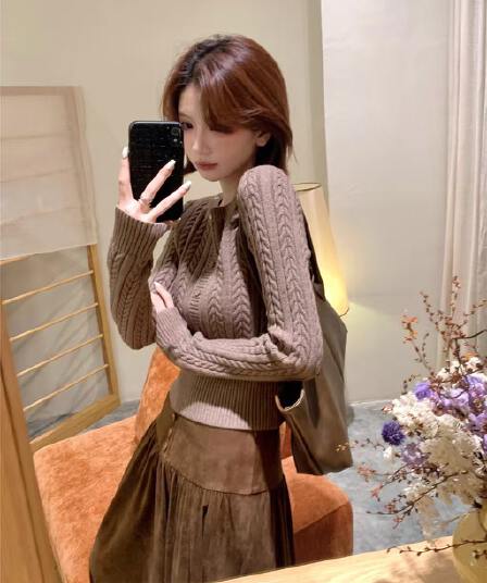 바질 저녁 가을 겨울 루즈핏 패치워크 탈착식 모피 칼라 니트 오픈 가디건 스웨터 여성 코트