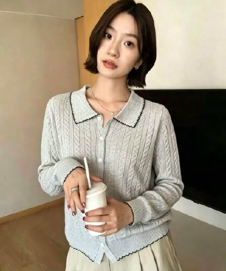 한국 스타일 부드러운 POLO 칼라 배색 긴팔 니트 스웨터 여성 루즈핏 오픈 가디건 연령 감소 프로 피부 맨위 여성