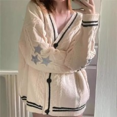 批发麻花针织开衫女秋外搭杏色<b class='q'>韩版</b>复古慵懒风星星毛衣外套女设计感