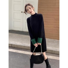 批发半高领针织<b class='q'>连衣裙</b>女秋冬打底裙子宽松毛衣小个子内搭中长款毛衣裙