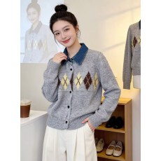批发菱格牛仔polo领<b class='q'>长袖</b>针织开衫外套毛衣女秋冬