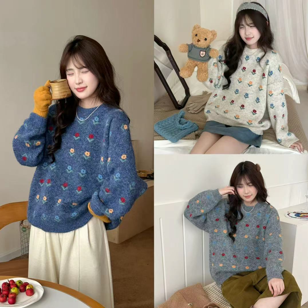 작은 청신 자카드 라운드 넥 풀오버 스웨터 여자 가을 겨울 와이드 부드러운 찹쌀 달콤함 꽃 니트 스웨터 맨위