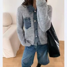 批发2026秋冬PoIol领拼接牛仔小众设计感<b class='q'>针织</b>开<b class='q'>衫</b>毛衣女宽松外套