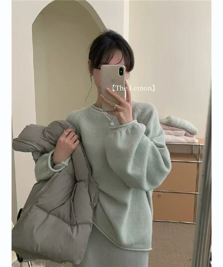 레몬 녹차 ins 라운드 넥 풀오버 한 부서 착용 가져 가라. 다용도 맨위 루즈핏 느긋한 바람 부드러운 찹쌀 볼륨 측면 스웨터 여자