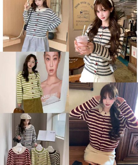 26 이른 가을 새로운 루즈핏 슬림해 보이는 디자인 센스 스트라이프 패치워크 레이스 라운드 넥 느긋한 바람 니트 오픈 가디건 스웨터 여자