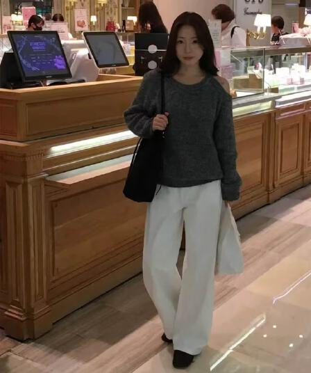 한국 chic 가을 겨울 새로운 느긋한 루즈핏 작은 섹시함 행침 목 오프숄더 스웨터 여자 불규칙 니트 스웨터
