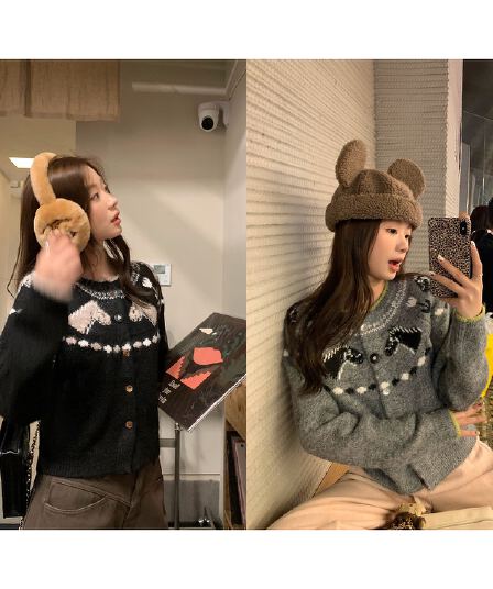 im ~까지 어린애 같은 작은 말 양모 혼방 작은 말 자카드 부드러운 찹쌀 털 센스 삽입 어깨 소매 오픈 가디건 스웨터 여자 가을 겨울