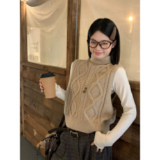 批发宋正恩奶茶色高领针织马甲背心女<b class='q'>冬</b>季新款高智感外穿叠穿毛衣上衣
