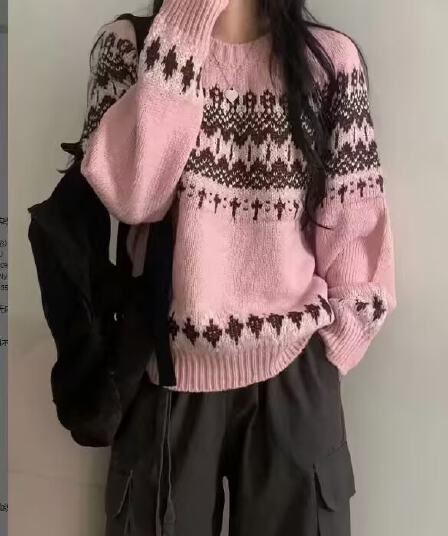 한국 chic 가을 겨울 달콤함 연령 감소 라운드 넥 부드러운 찹쌀 루즈핏 다용도 긴팔 공정한 섬 자카드 니트 스웨터 여자