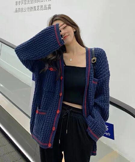 후아 남편 그리드 스웨터 여성 코트 느긋한 바람 봄 가을 외부 가져 가라. 루즈핏 V넥 니트 오픈 가디건 2026 년 새로운 한국 스타일