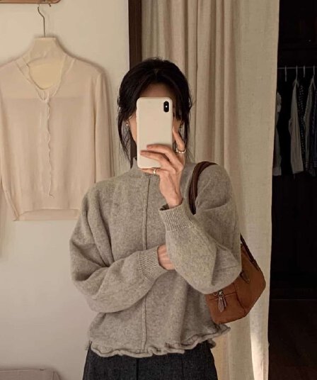 폴로 칼라 긴팔 데님 패치워크 더블 지퍼 니트 오픈 가디건 여성 가을 겨울 새로운 느긋한 바람 다용도 페이크 레이어드 스웨터