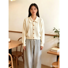 批发韩日系复古麻花翻领绵<b class='q'>羊毛</b>针织<b class='q'>开衫</b>女外搭毛衣外套