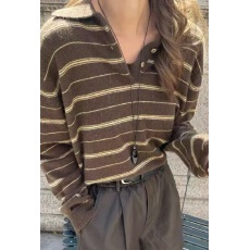 批发复古灰色条纹polo领毛衣女秋季老钱风穿搭慵懒宽松软糯针织衫上衣