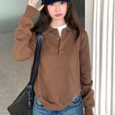 批发学院风灰色polo领毛衣女春秋2026新款宽松显瘦百搭长袖针织衫上衣