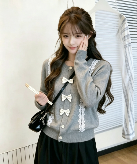 달콤함 나비 매듭 자카드 페이크 레이어드 니트 오픈 가디건 여성 가을 새로운 부드러운 바람 디자인 센스 스웨터 코트 트렌디