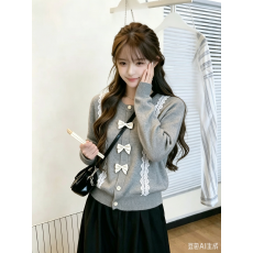 批发甜美蝴蝶结提花假两件针织开衫女秋季新款温柔风设计感毛衣外套潮