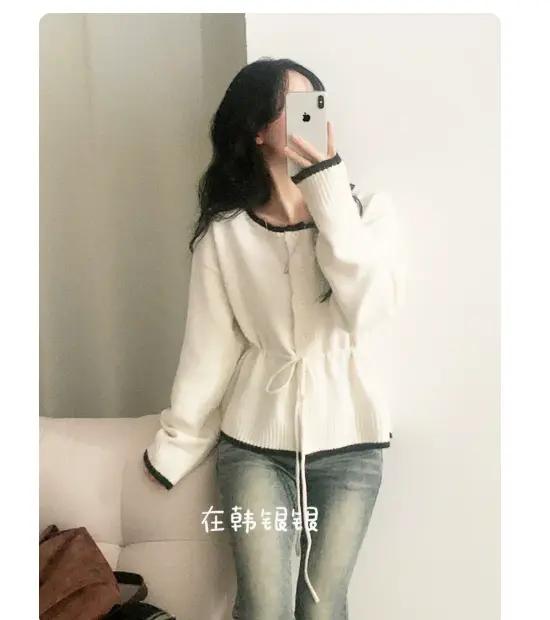한국인기 배색 허리조임 단추 가디건 상세 이미지 3