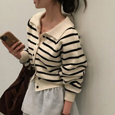 批发韩国chic秋冬学院风复古单排扣翻领条纹针织衫女百搭休闲毛衣外套